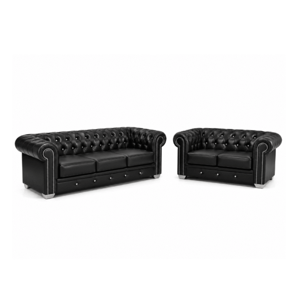 Chesterfield Black Leather 3+2 Seater Sofa Set – Luxury Button Tufted Suite UK