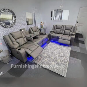 Orlando Grey Leather Electric recliner with blue led lights 3+2