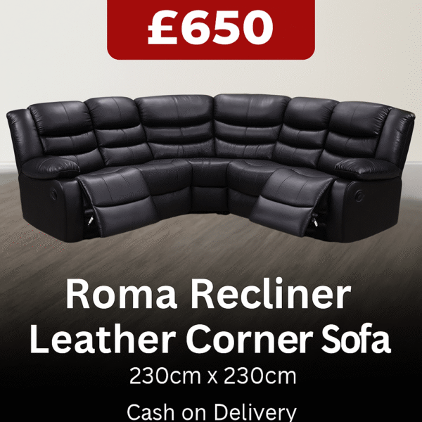 Roma Recliner Corner Sofa – Black, Grey, or Brown Faux Leather | Comfortable & Stylish