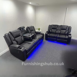 Orlando Electric Recliner Sofa Set 3+2 black with blue led lights by furnishings hub