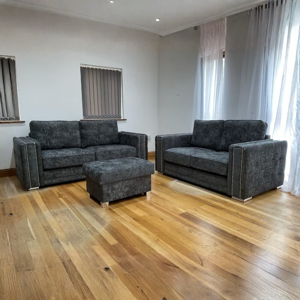midas 3+2 seater sofa set – charcoal fabric with chrome feet midas 3+2 seater sofa set – charcoal fabric with chrome feet