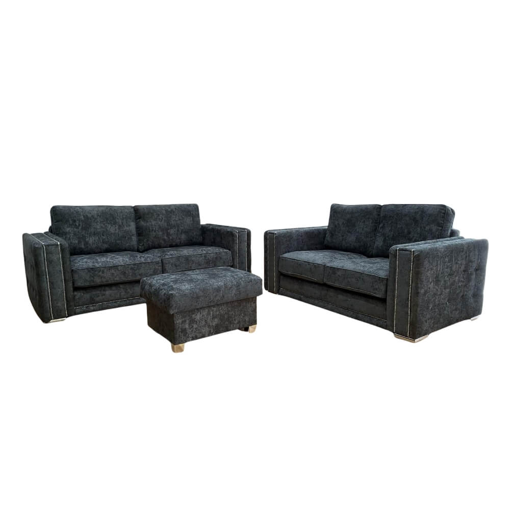 midas 3+2 seater sofa set – charcoal fabric with chrome feet midas 3+2 seater sofa set – charcoal fabric with chrome feet