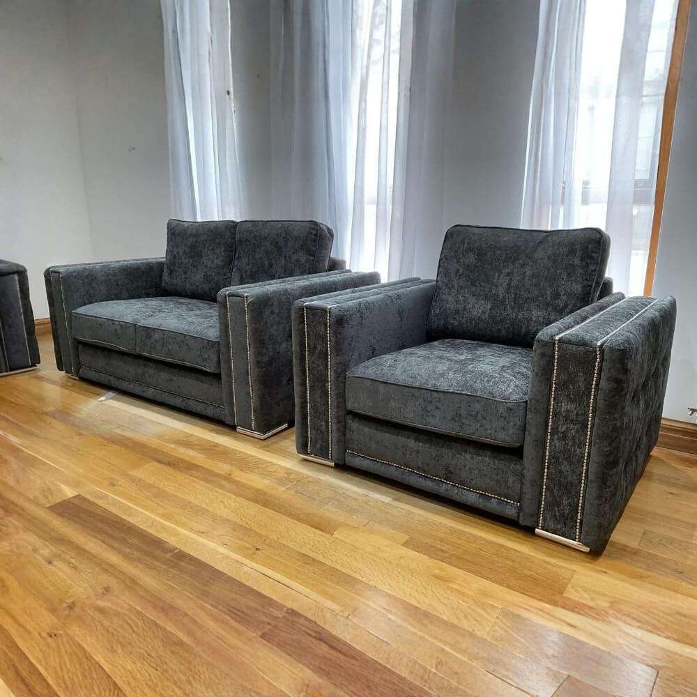 midas 3+2 seater sofa set – charcoal fabric with chrome feet midas 3+2 seater sofa set – charcoal fabric with chrome feet