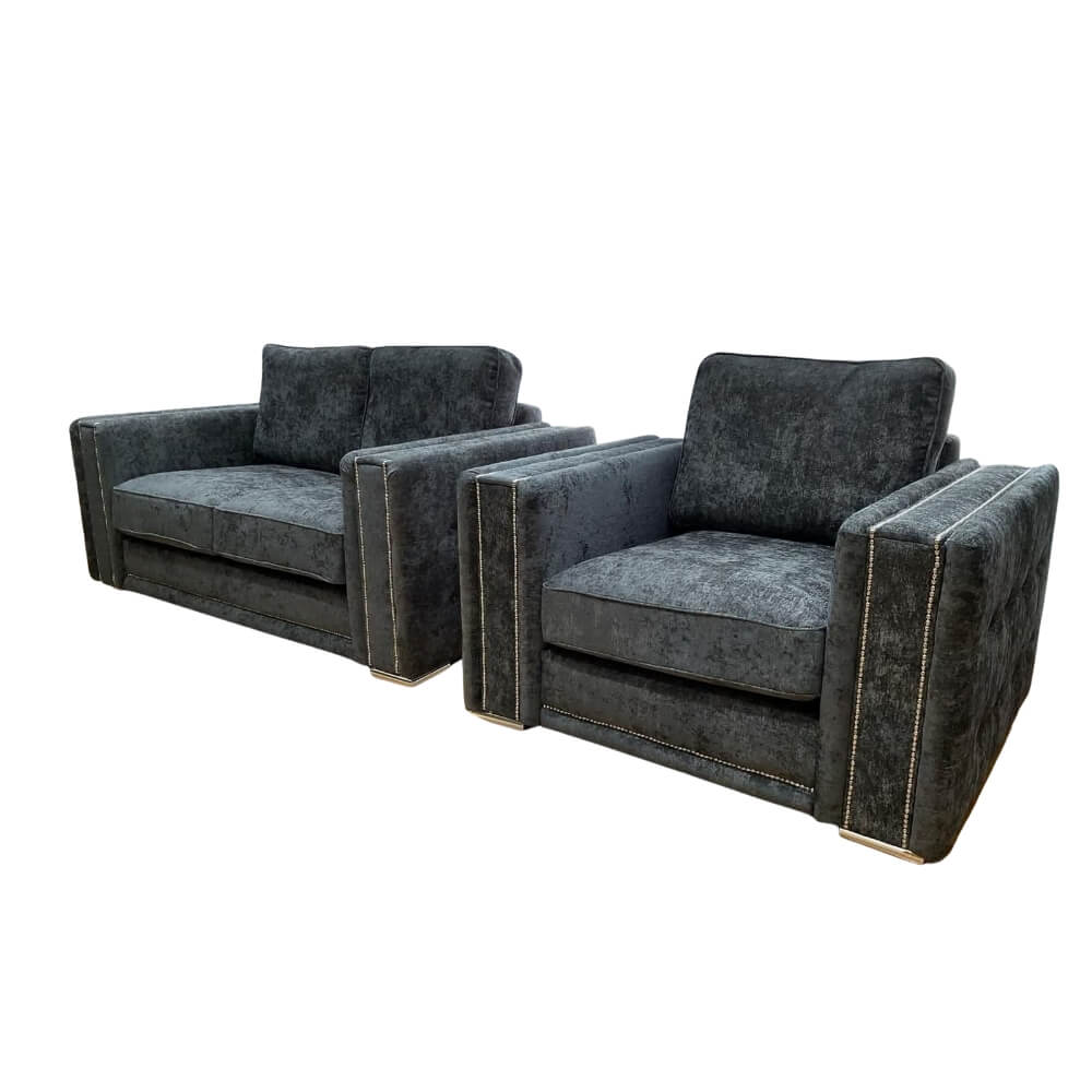 midas 3+2 seater sofa set – charcoal fabric with chrome feet midas 3+2 seater sofa set – charcoal fabric with chrome feet