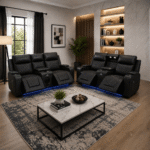 Electric Black Leather Recliner Sofa 3+2 with Bluetooth Speaker, Cup Holders & LED Lights - Image 4