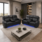 Electric Black Leather Recliner Sofa 3+2 with Bluetooth Speaker, Cup Holders & LED Lights - Image 3