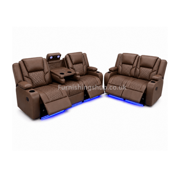 Electric Brown Leather 3+2 Recliner Sofa Set with LED Lights & Cup Holders | Furnishings Hub UK