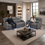 Orlando Electric Recliner Sofa Set grey 3+2 with blue led lights in real leather - Image 3