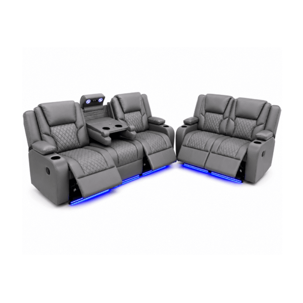 Orlando Electric Recliner Sofa Set grey 3+2 with blue led lights in real leather