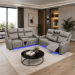 Electric Grey Leather Recliner Sofa 3+2 with Bluetooth Speaker, Cup Holders & LED Lights - Image 5