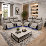 Electric Grey Leather Recliner Sofa 3+2 with Bluetooth Speaker, Cup Holders & LED Lights - Image 3