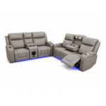 Electric Grey Leather Recliner Sofa 3+2 with Bluetooth Speaker, Cup Holders & LED Lights