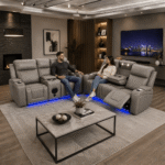 Electric Grey Leather Recliner Sofa 3+2 with Bluetooth Speaker, Cup Holders & LED Lights - Image 6