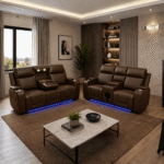 Electric Brown Leather Recliner Sofa 3+2 with Bluetooth Speaker, Cup Holders & LED Lights - Image 2