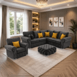 Plush velvet sofa Grey Full Set Corner Sofa with Arm Chair & Upgraded Footstool - Image 3