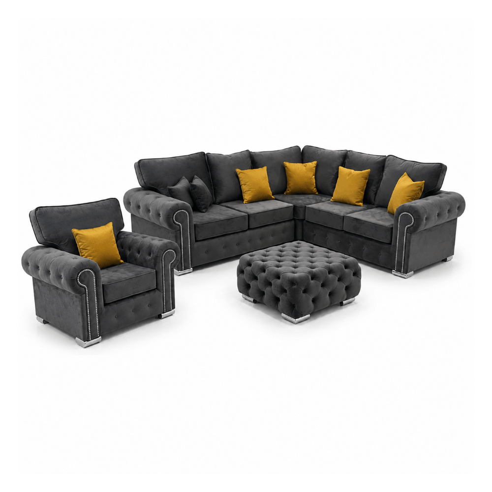Fullset-Mariland-grey-2c2-fhweb3 Plush velvet sofa Grey Full Set Corner Sofa with Arm Chair & Upgraded Footstool - Image 1